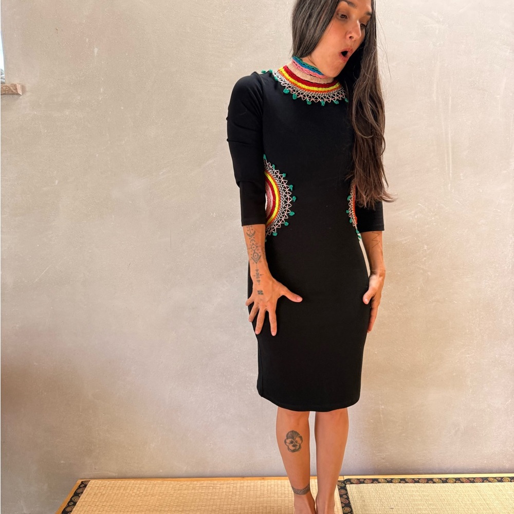 Black Embroidered Sheath Dress with Colorful Collar